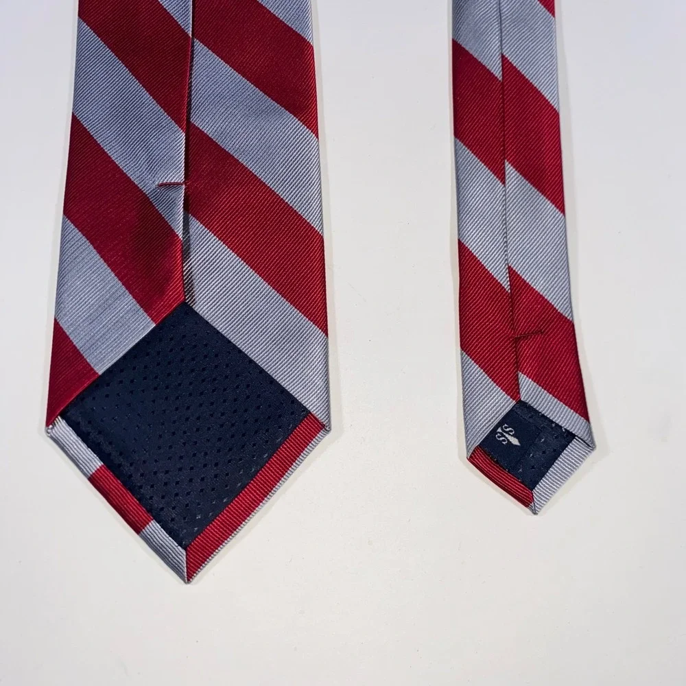 Shore‎ & Singer Mens Red Silver Striped Silk Handmade Necktie Classic 2889
